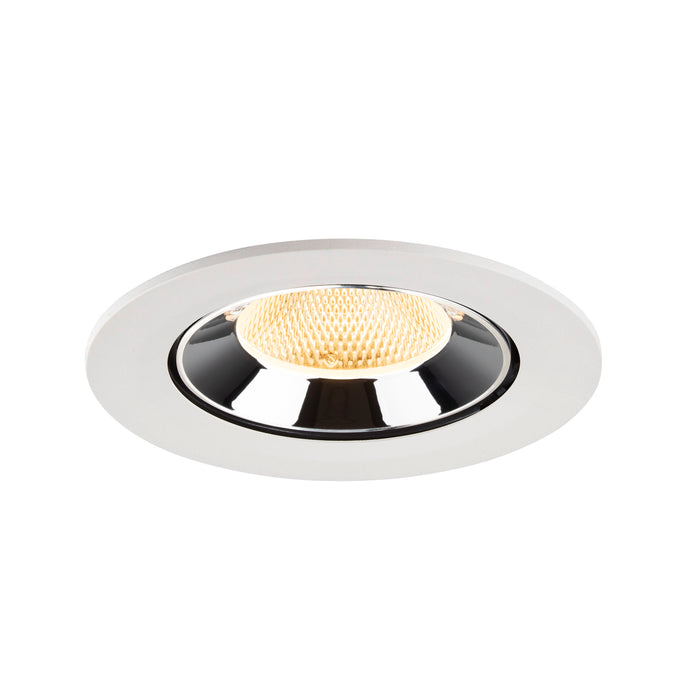 Recessed ceiling light fixture in white metal with a polished chrome finish and honeycomb lens, designed for easy mounting.