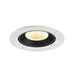 Recessed ceiling light fixture with a white metal finish, black interior, and warm LED bulb, designed for flush mounting.