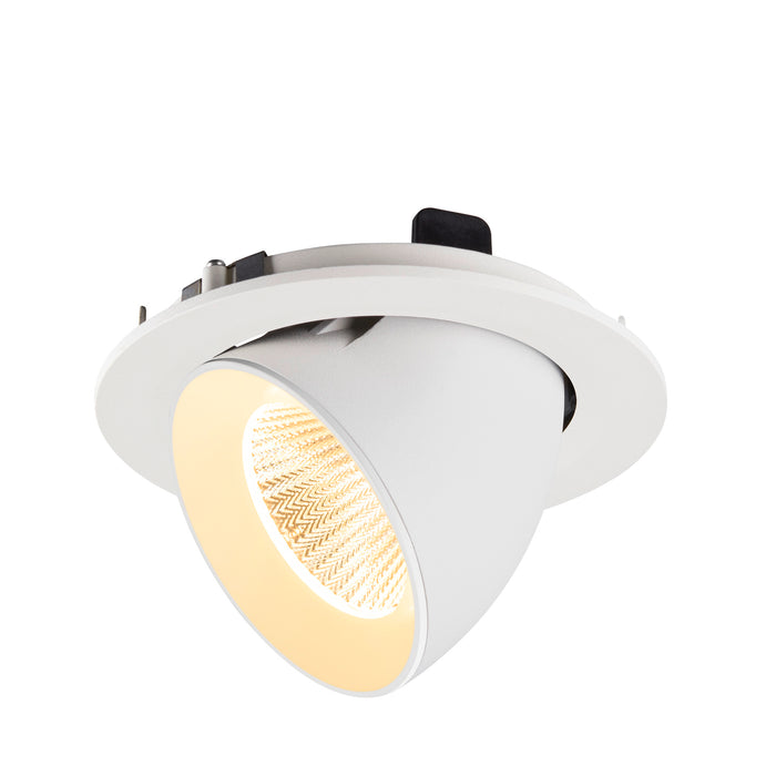 White recessed ceiling light fixture with adjustable head.