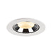 Recessed ceiling light fixture made of metal with a white finish and black reflector, featuring a warm white LED bulb.