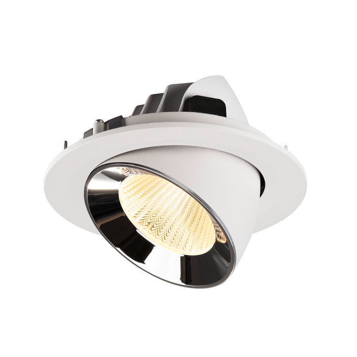 Recessed ceiling light fixture made of metal with a white finish and chrome reflector, designed for easy mounting in various indoor spaces.