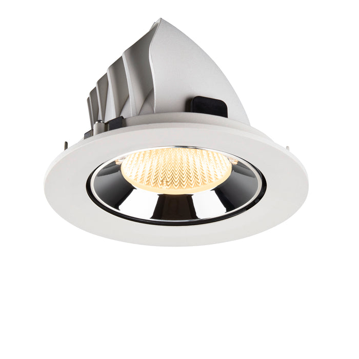 Recessed ceiling light fixture made of metal with a white finish and chrome reflector, designed for easy mounting.