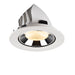 Recessed ceiling light fixture made of metal with a white finish and chrome reflector, designed for easy mounting.