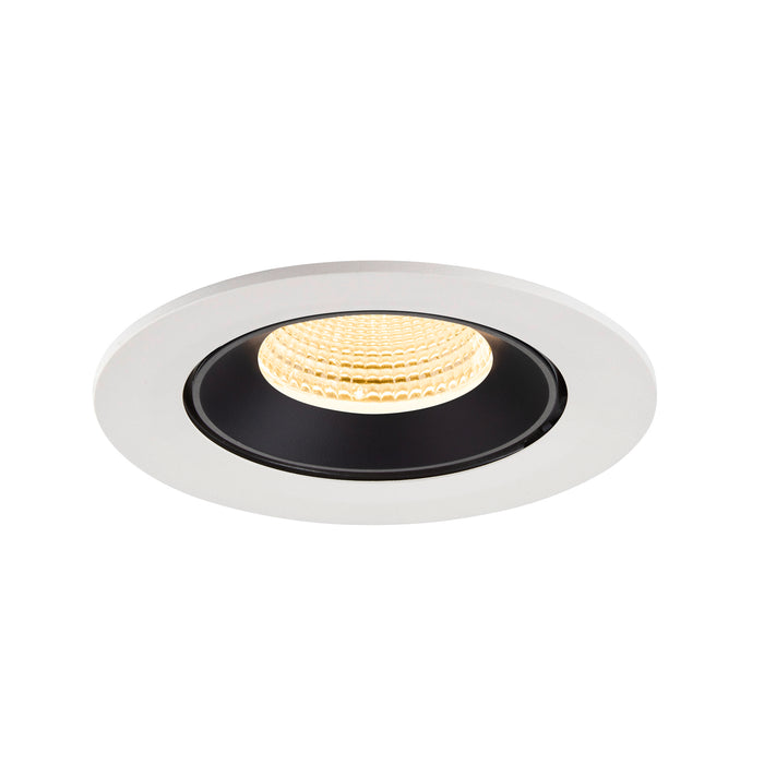 Recessed ceiling light fixture with a white metal finish, black interior, and a warm white LED bulb.