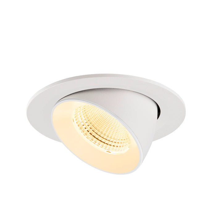 White recessed ceiling light fixture with adjustable head.