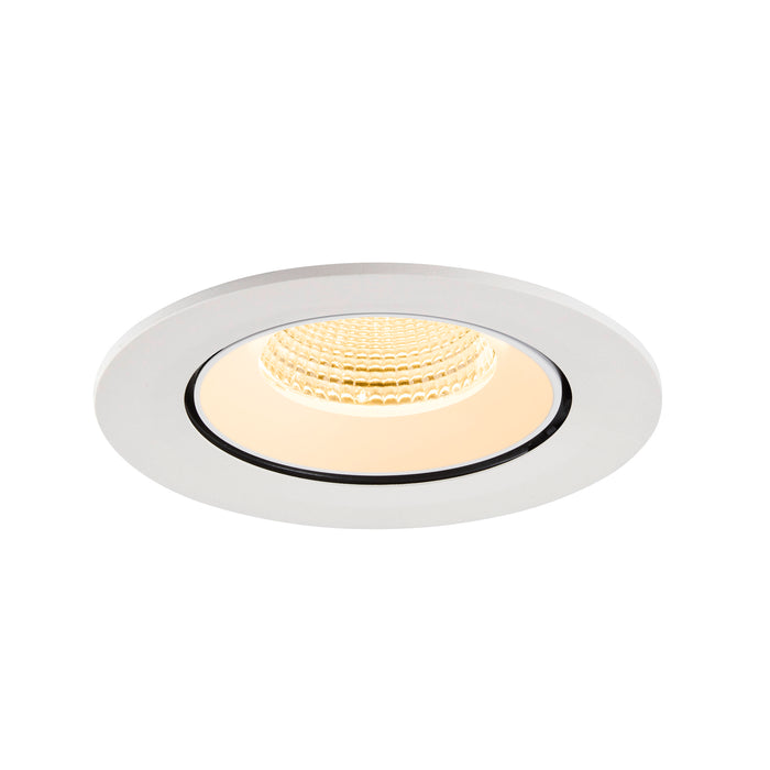 White recessed ceiling light fixture with a round trim.