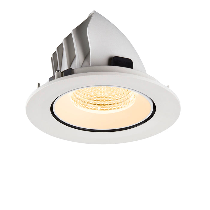 White recessed LED downlight, flush mount.