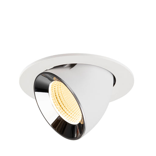 Recessed ceiling light fixture with a white metal body, black reflective interior, and warm LED bulb, designed for flush mounting.