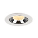 Recessed ceiling light fixture made of metal with a polished chrome finish and white trim, featuring a warm white LED bulb.