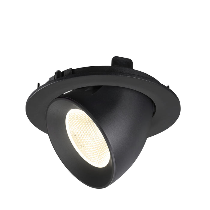 Black recessed ceiling light fixture, adjustable spotlight.