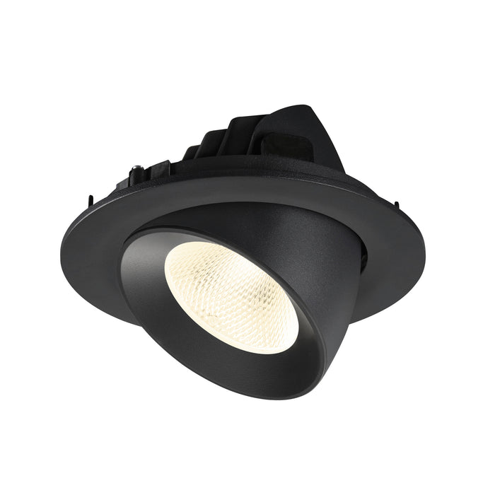 Black recessed ceiling light fixture with adjustable head.