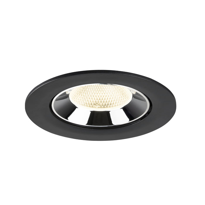 Recessed ceiling light fixture with a black metal finish, chrome reflector, and a honeycomb lens for even light distribution.