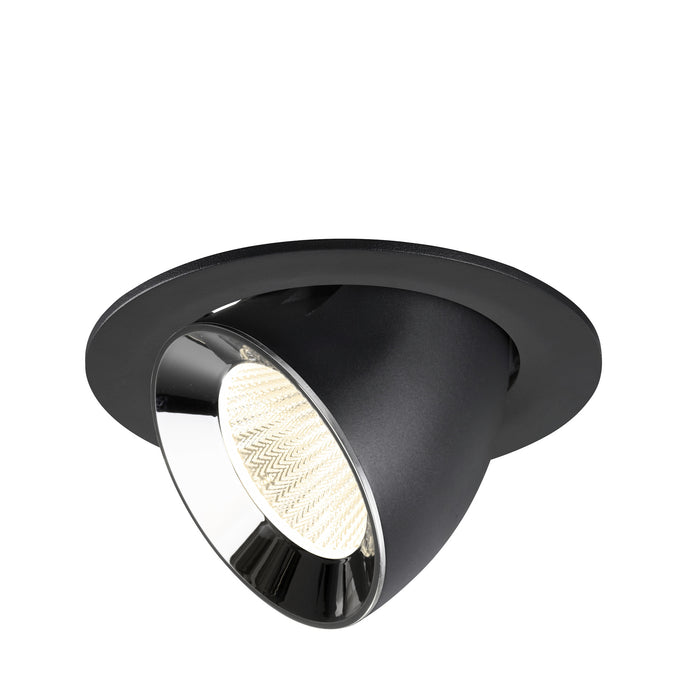Black recessed spotlight with a matte finish and chrome reflector, designed for ceiling mounting.