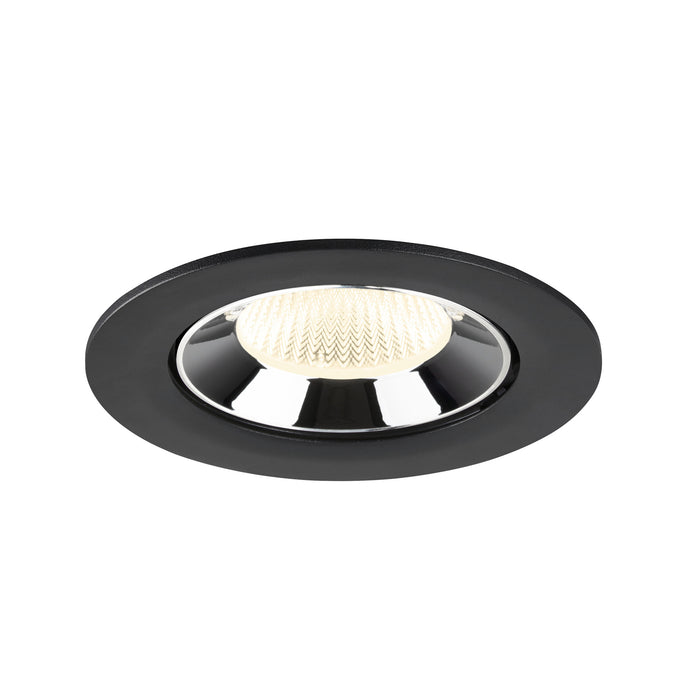 Recessed ceiling light fixture made of metal with a black finish and chrome reflector, designed for flush mounting.