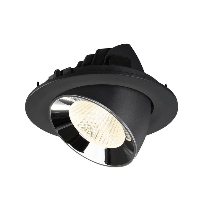Recessed downlight in black metal finish with a reflective chrome interior, designed for ceiling mounting.