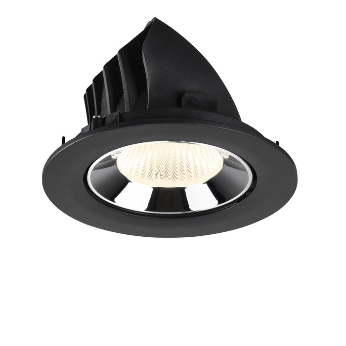 Black recessed LED downlight with a polished chrome reflector and textured lens, designed for ceiling mounting.