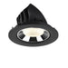Black recessed LED downlight with a polished chrome reflector and textured lens, designed for ceiling mounting.