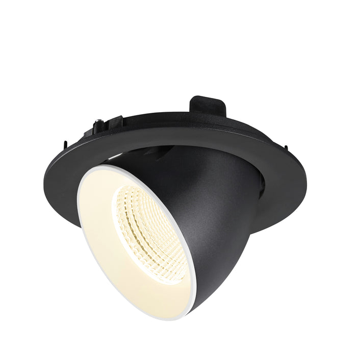 Black recessed ceiling light fixture, adjustable spotlight.