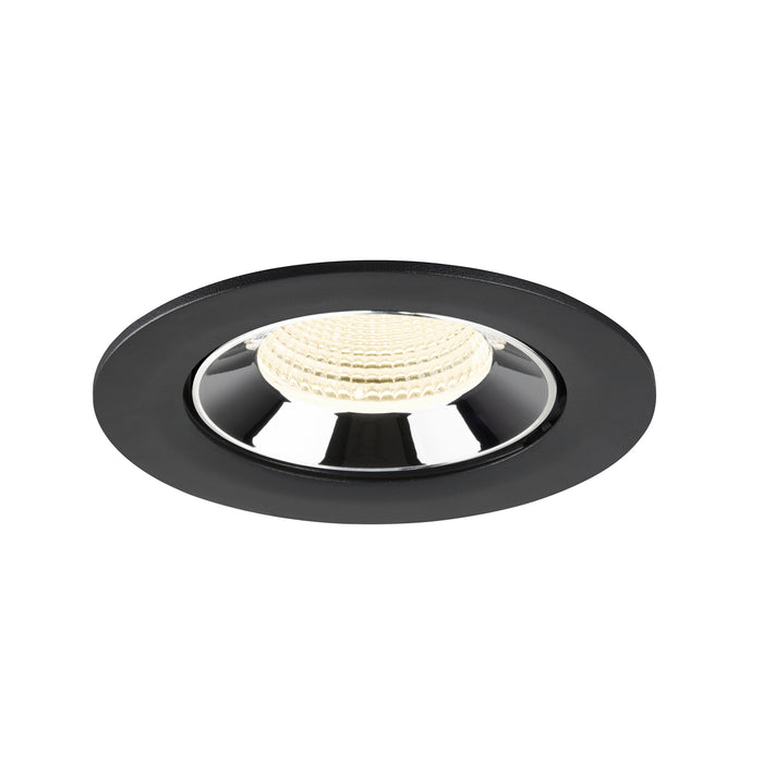 Recessed ceiling light fixture made of metal with a black finish and a reflective chrome interior, designed for flush mounting.