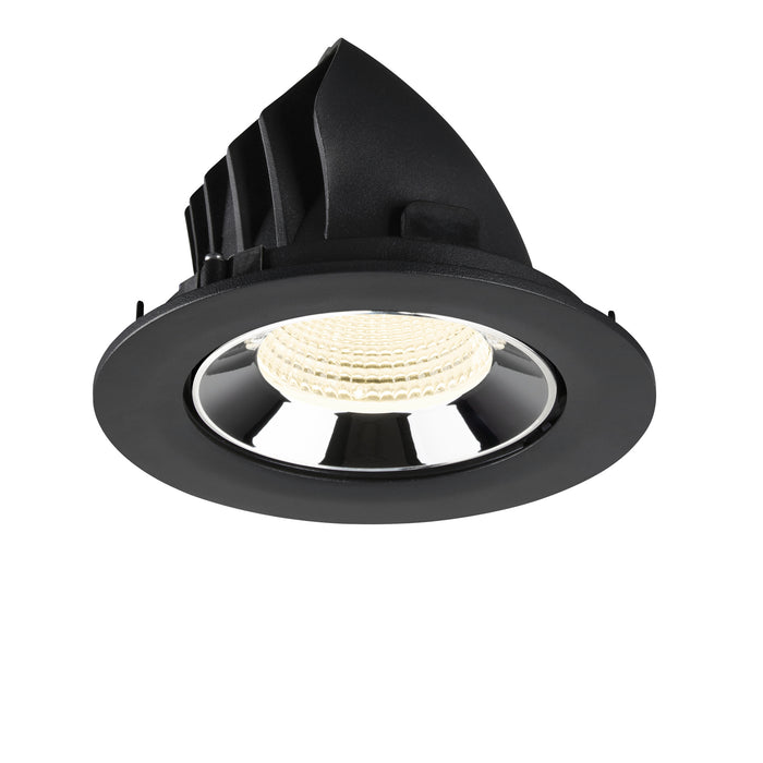Black recessed LED downlight with a polished chrome reflector and textured lens, designed for ceiling mounting.