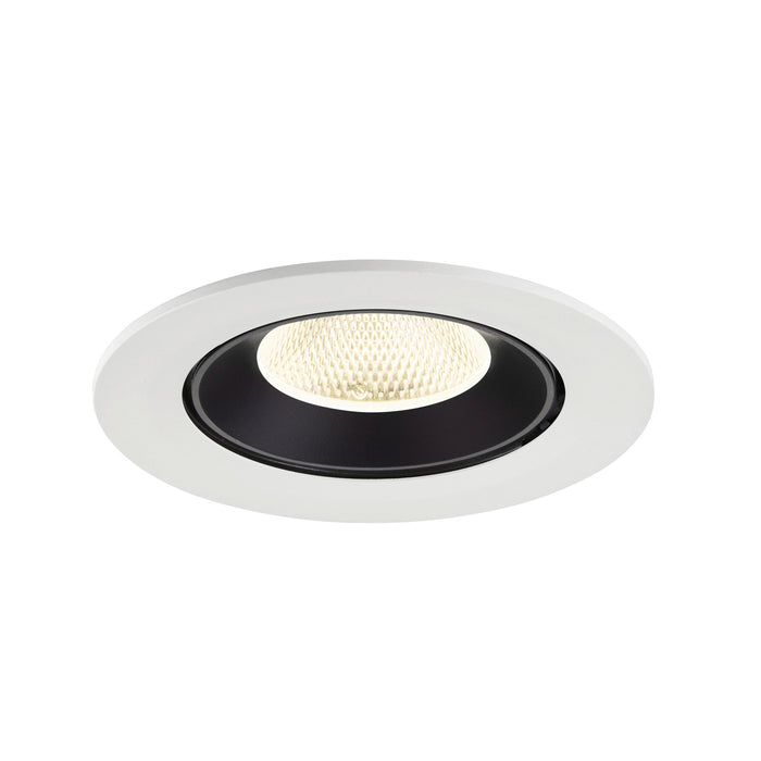 Recessed ceiling light fixture in white finish with a black interior, featuring a honeycomb lens design for even light distribution.