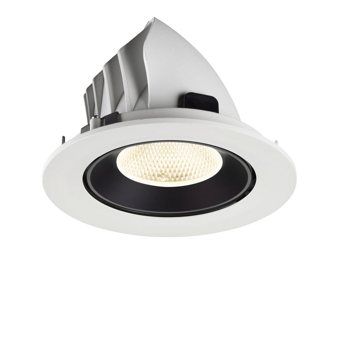 Recessed ceiling light fixture made of metal with a matte white finish and black interior, featuring a round design for easy mounting.