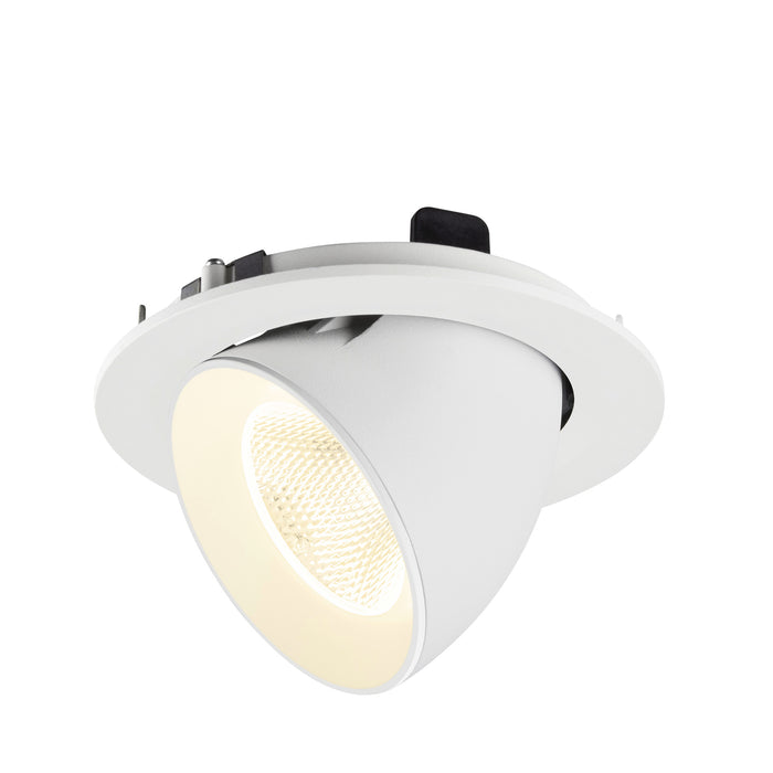 White recessed ceiling light fixture, adjustable spotlight.