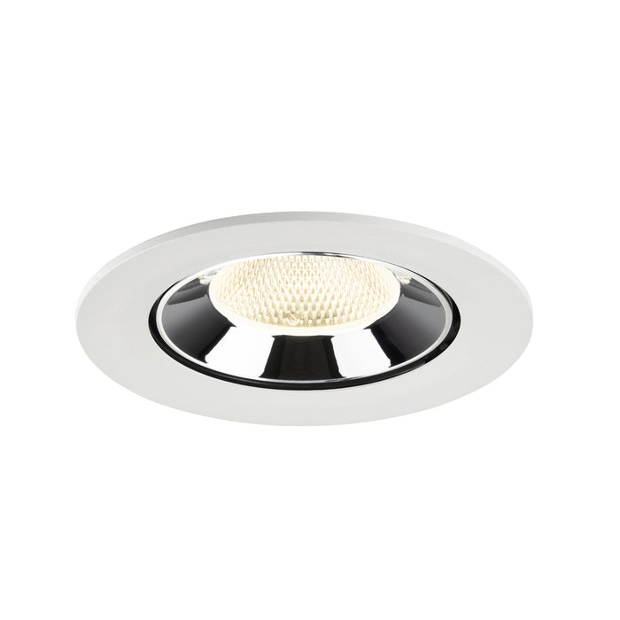 Recessed ceiling light fixture with a white metal finish, chrome accents, and a honeycomb lens for diffused illumination.