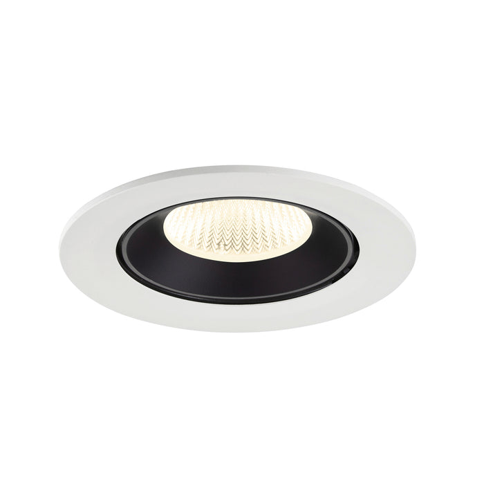 Recessed ceiling light fixture with a white metal finish, black interior, and textured glass lens, designed for flush mounting.