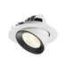 Recessed ceiling light fixture with a white and black finish, made of metal, featuring a textured lens for focused illumination.