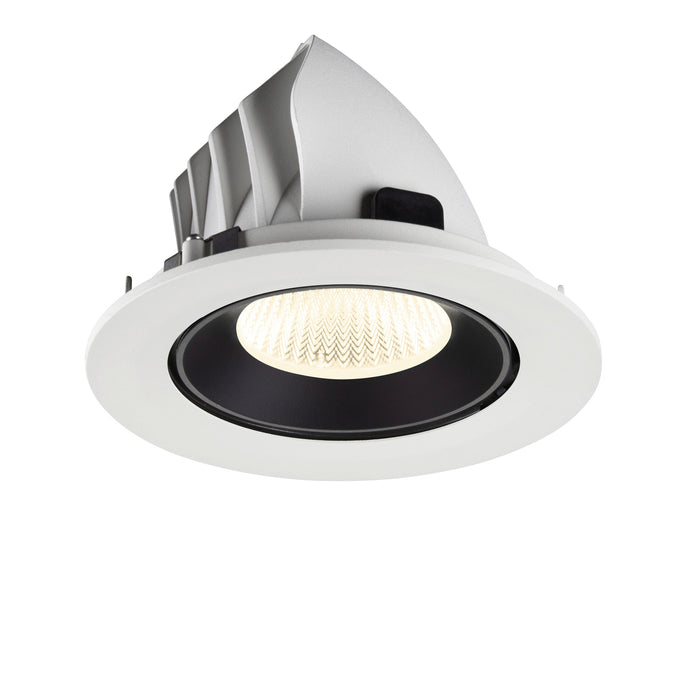 Recessed LED downlight in white finish with black interior, featuring aluminum construction and designed for ceiling mounting.
