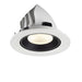 Recessed LED downlight in white finish with black interior, featuring aluminum construction and designed for ceiling mounting.