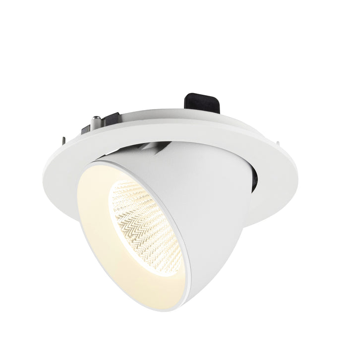 White recessed ceiling light fixture, adjustable spotlight.