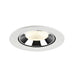 Recessed ceiling light fixture made of metal with a white finish and black reflector, featuring a warm white LED bulb.