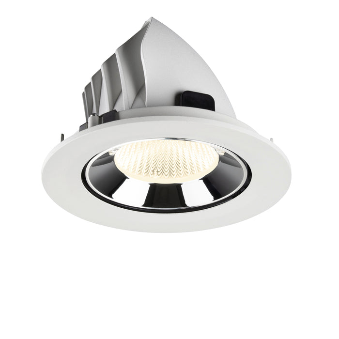 Recessed ceiling light fixture made of metal with a matte white finish and polished chrome reflector, designed for easy mounting.
