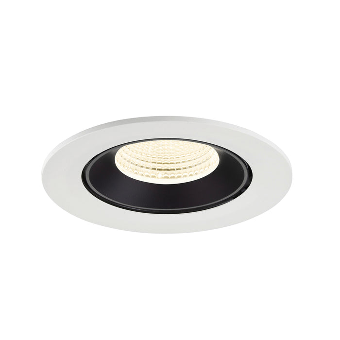 Recessed ceiling light fixture with a white metal finish, black interior, and a textured glass lens for soft illumination.
