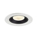 Recessed ceiling light fixture with a white metal finish, black interior, and a textured glass lens for soft illumination.