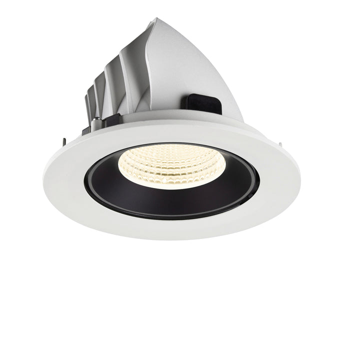 Recessed LED downlight in white metal finish with black interior, featuring a textured lens and designed for ceiling mounting.