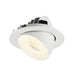 White recessed LED downlight, adjustable angle, flush mount.
