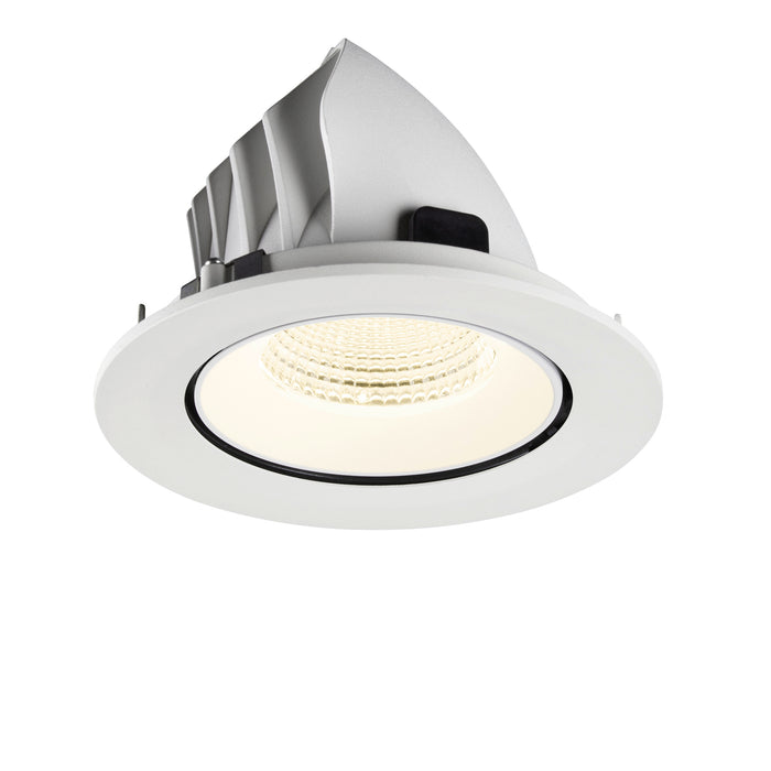 White recessed LED downlight, ceiling mounted.