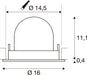 Technical drawing with dimensions of a recessed light fixture.
