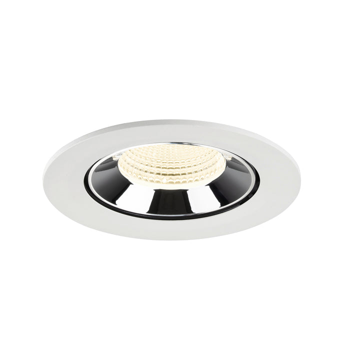 Recessed ceiling light fixture made of metal with a white finish and black reflector, featuring a round design for easy mounting.