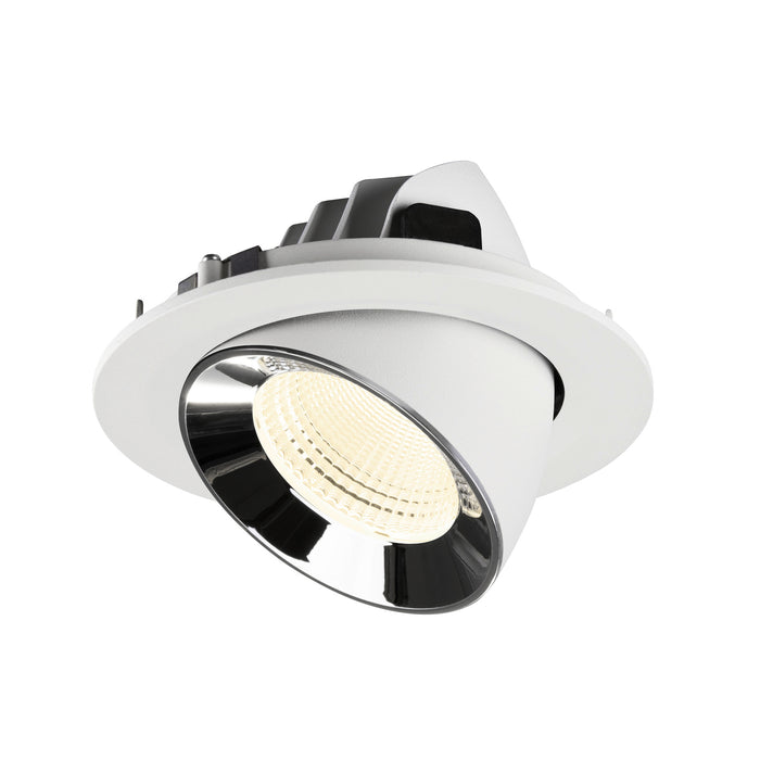 Recessed ceiling light fixture in white metal with a polished chrome finish and a warm white LED bulb, designed for flush mounting.