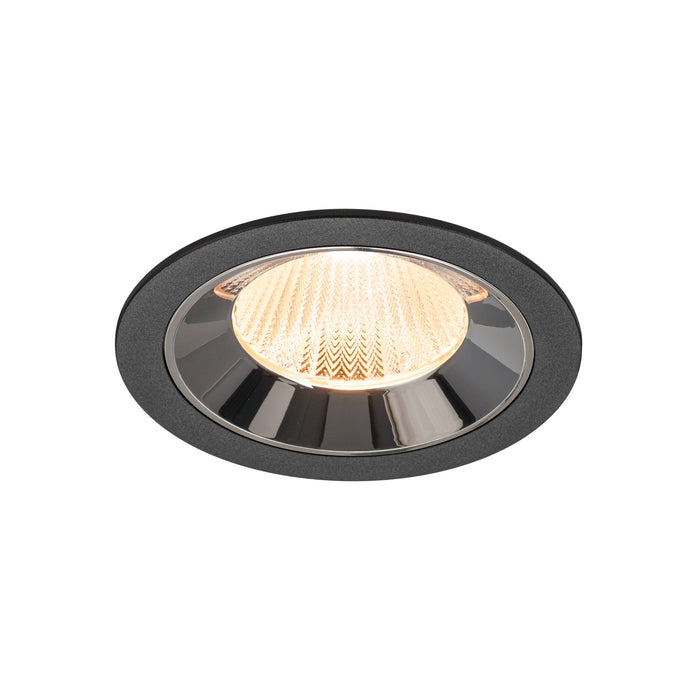 Recessed ceiling light fixture in black metal with a polished chrome finish and a textured glass lens, designed for flush mounting.