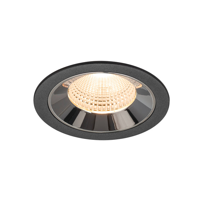 Recessed ceiling light fixture with a black finish, chrome reflector, and warm white LED bulb, designed for flush mounting.