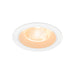 Recessed ceiling light fixture, white finish, round trim, warm light.