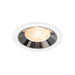 Recessed ceiling light fixture with a chrome finish, white trim, and a honeycomb lens for diffused warm light.