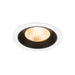 Recessed ceiling light fixture with a white finish, black interior, and glass lens, featuring a warm white LED bulb for ambient lighting.