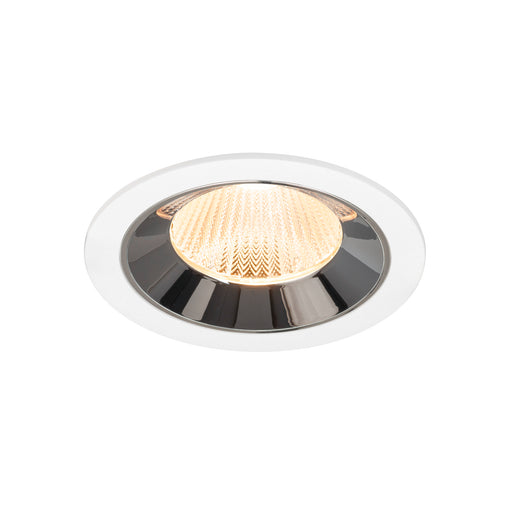 Recessed ceiling light fixture with a chrome finish, white metal trim, and a warm LED bulb.