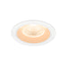 Recessed LED downlight with white trim and warm light.